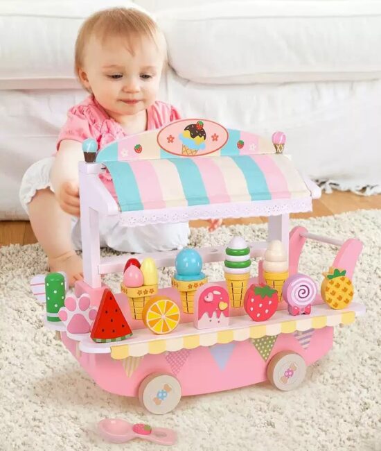 Jucarie Caruciorul cu inghetata din lemn accesorii si copertina Jucarie Caruciorul cu inghetata din lemn accesorii si copertina