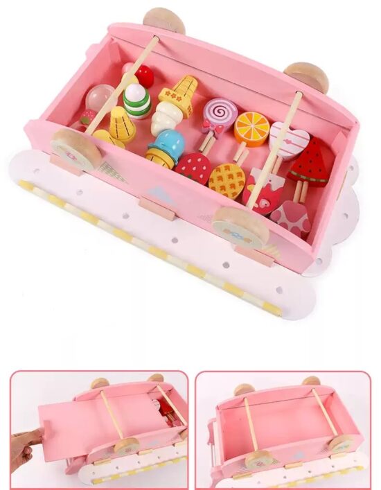 Jucarie Caruciorul cu inghetata din lemn accesorii si copertina