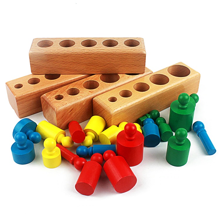 Jucarii Montessori Cilindri din lemn colorati 4 seturi