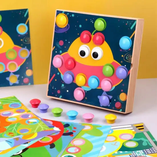 Joc creativ Mozaic Genius cu butoni din lemn si Planse