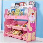 Rafturi depozitare jucarii din lemn roz, model urs, 80 cm inaltime (1)