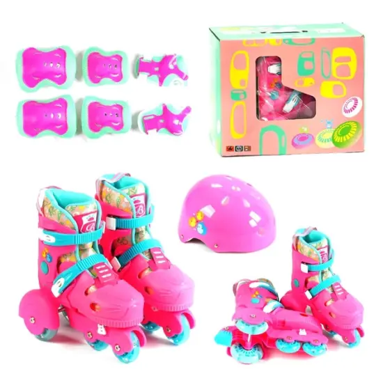 Set Role Roz cu Protectii reglabile 4 roti ajutatoare Frana siguranta Set Role Roz cu Protectii reglabile 4 roti ajutatoare Frana siguranta