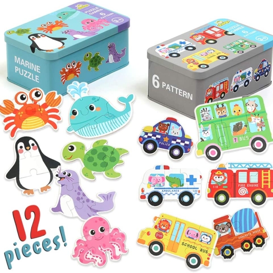 Set 6 puzzle piese mari in cutie metalica copii