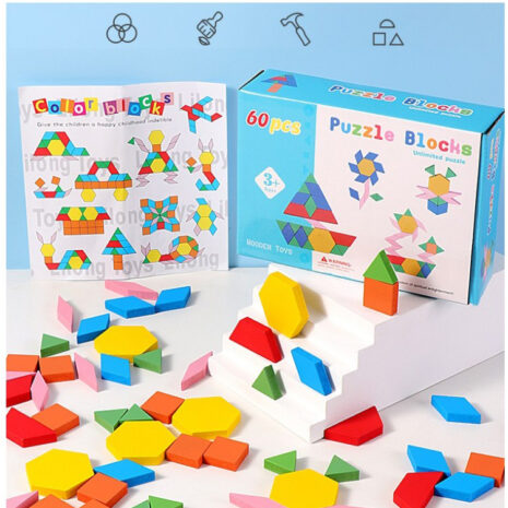 Joc Tangram 60 Forme geometrice colorate din lemn Puzzle