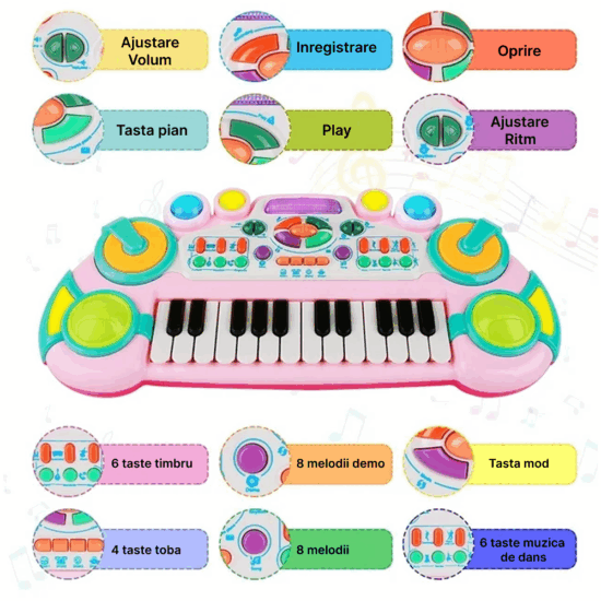 Jucarie interactiva bebe Mini Pianina cu lumini 24 de taste