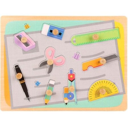 Puzzle incastru Accesorii scoala-birou cu butoni din lemn