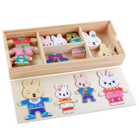 Set puzzle din lemn Imbraca Familia cei 4 Iepurasi