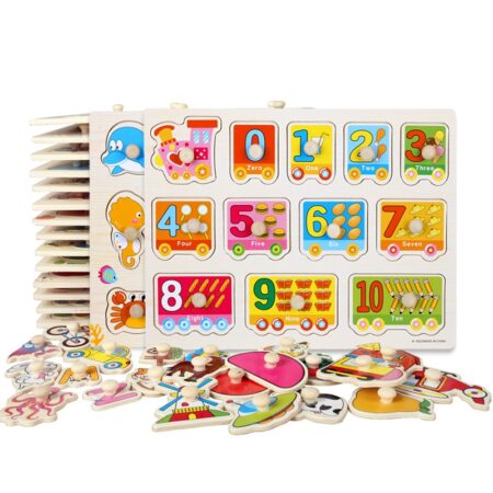 Puzzle incastru masini si cifre cu butoni din lemn