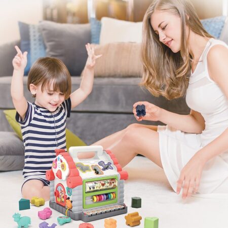 Jucarie interactiva cu activitati Casuta educativa si 3 cuburi