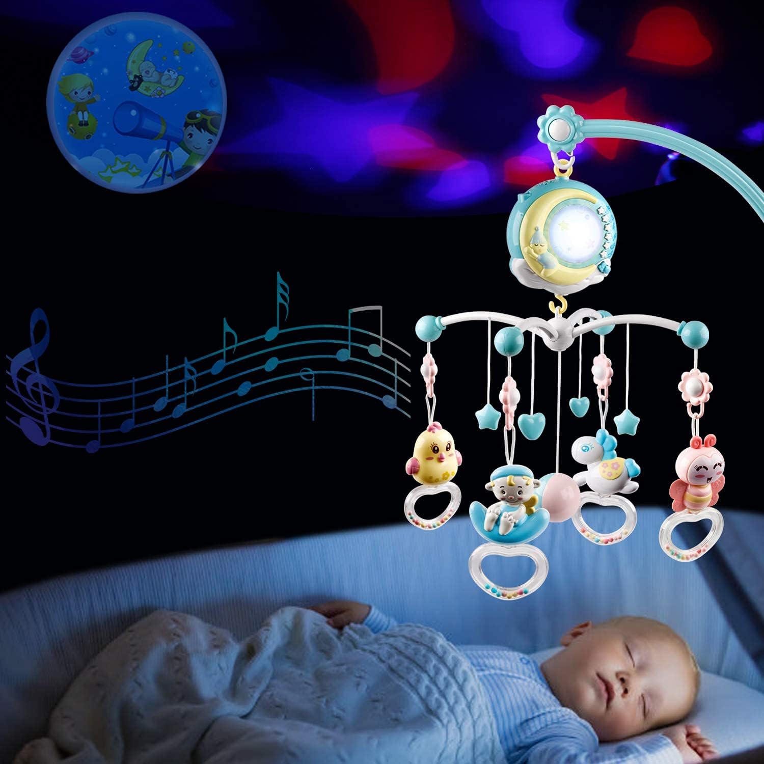 Carusel muzical bebe cu telecomanda Proiector rotativ Luna