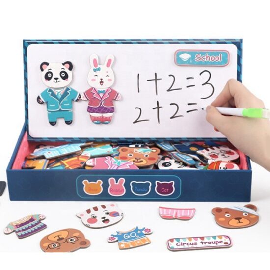 Puzzle din lemn cu magnet si tablita cu marker Imbraca Familia