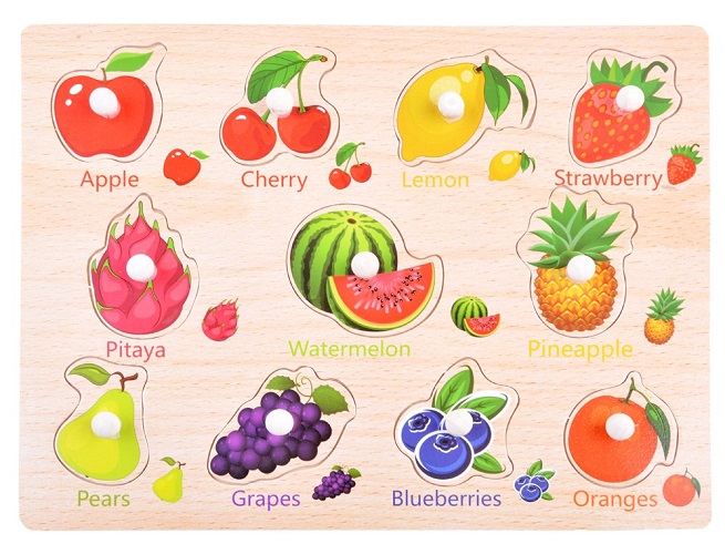 Puzzle incastru Fructe in engleza cu butoni din lemn