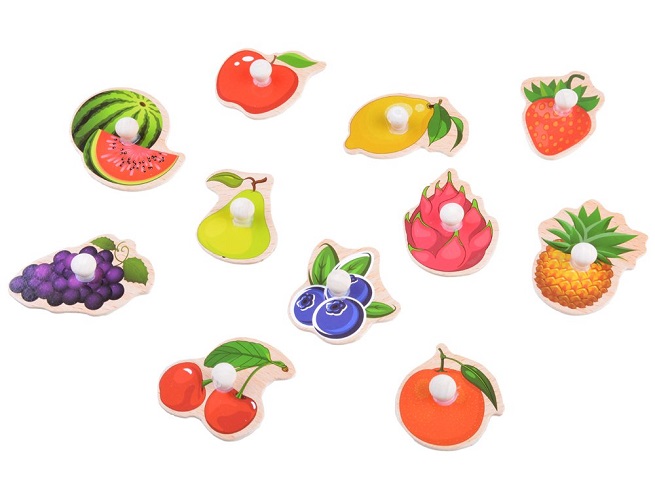 Puzzle incastru Fructe in engleza cu butoni din lemn