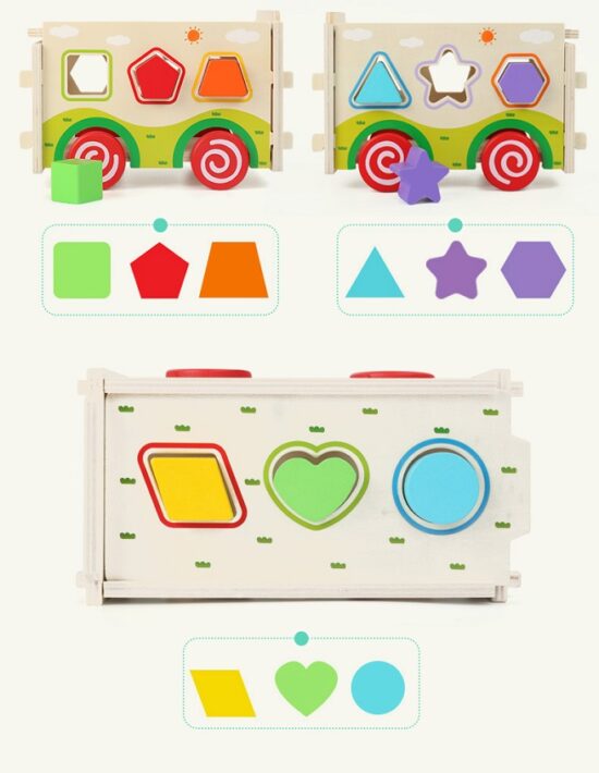 Autobuzul de construit cu roti si forme geometrice din lemn