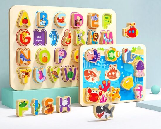 Puzzle din lemn educativ Alfabetul cu imagini 3D Puzzle din lemn educativ Alfabetul cu imagini 3D
