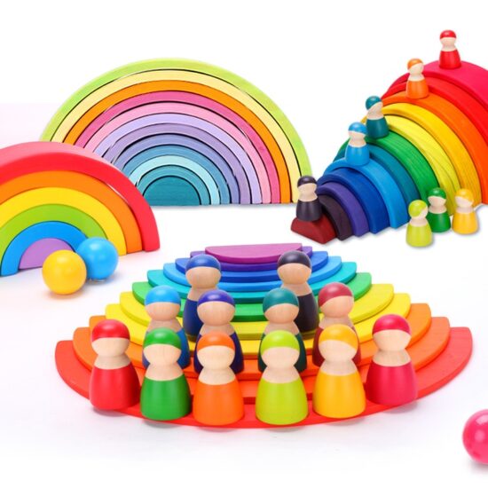 Jucarii Montessori Curcubeu din lemn Stivuire Rainbow 12pcs