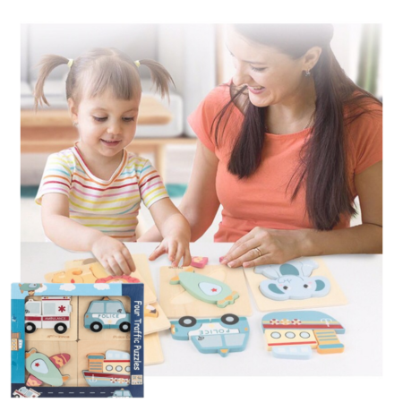 Set 4 puzzle vehicule 3D din lemn Jucarii educative Kabi