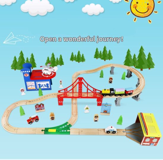 Circuit tren cu vehicule si semne de circulatie lemn 70 piese