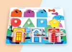 Puzzle Montessori cu incuietori si forme geometrice din lemn