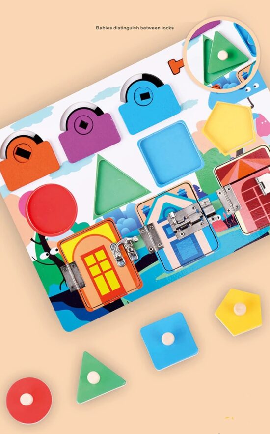 Puzzle Montessori cu incuietori si forme geometrice din lemn