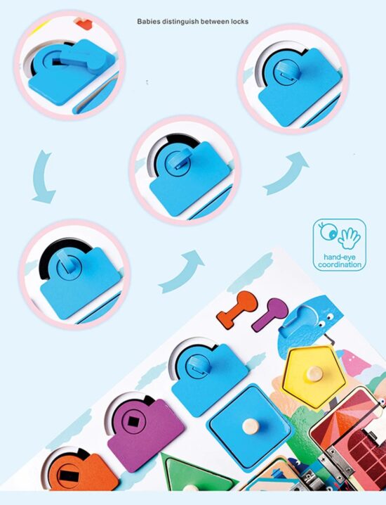 Puzzle Montessori cu incuietori si forme geometrice din lemn