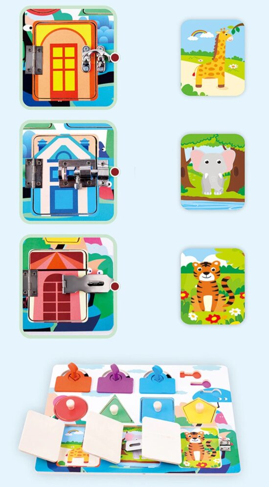 Puzzle Montessori cu incuietori si forme geometrice din lemn