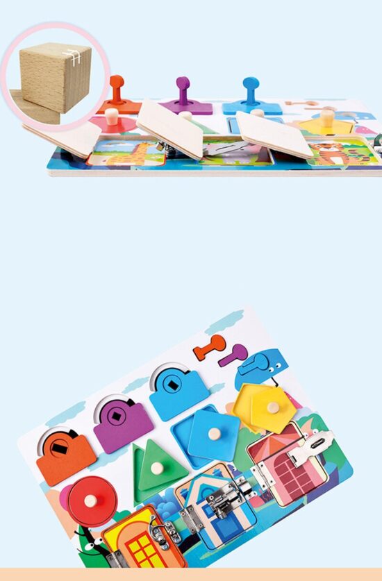 Puzzle Montessori cu incuietori si forme geometrice din lemn