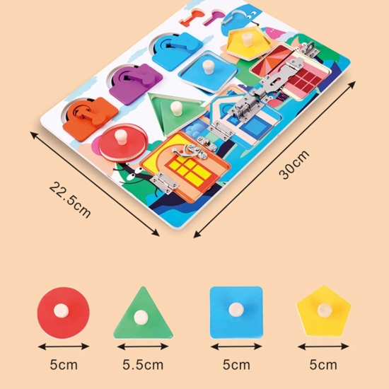 Puzzle Montessori cu incuietori si forme geometrice din lemn