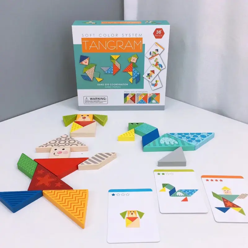 Puzzle cu piese groase Tangram din lemn Forme geometrice