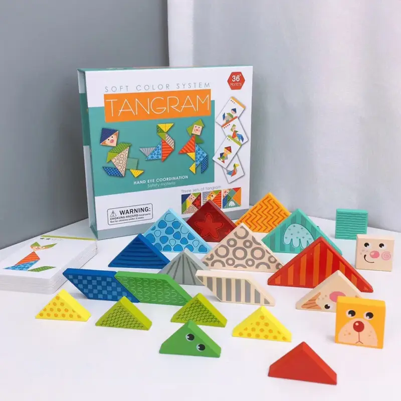 Puzzle cu piese groase Tangram din lemn Forme geometrice