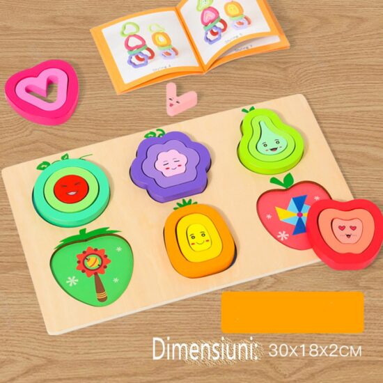 Puzzle din lemn Fructele in straturi Stivuire Sortare 3D cu Emoji