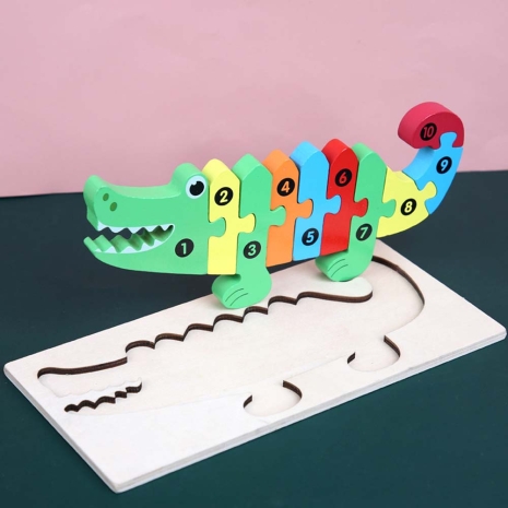Puzzle incastru 3D Crocodil colorat Jucarie cu cifre din lemn
