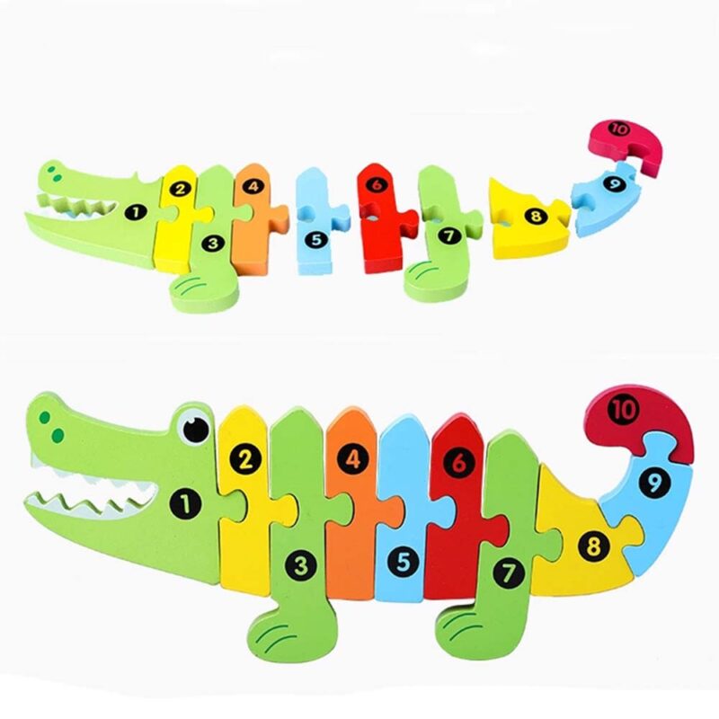 Puzzle incastru 3D Crocodil colorat Jucarie cu cifre din lemn