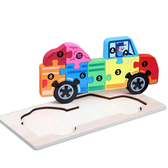 Puzzle incastru 3D Masina colorat Jucarie cu cifre din lemn