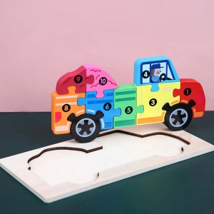 Puzzle incastru 3D Masina colorat Jucarie cu cifre din lemn