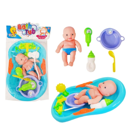 Jucarie Set Cadita cu bebe si accesorii de baie 6 piese
