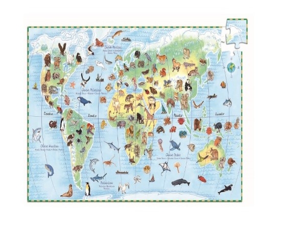 Puzzle Asociere Animalele lumii cu Continentele 100pc Djeco