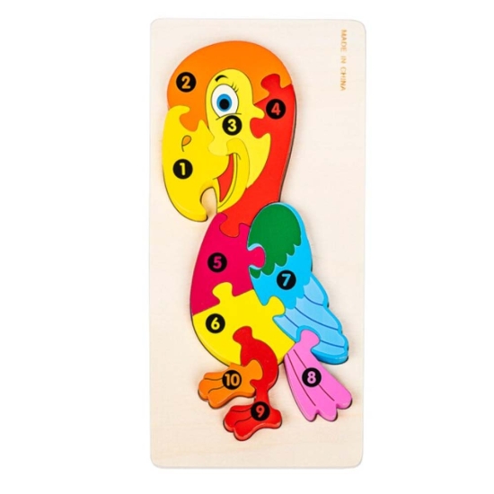 Puzzle incastru 3D Papagal colorata Jucarie cu cifre din lemn