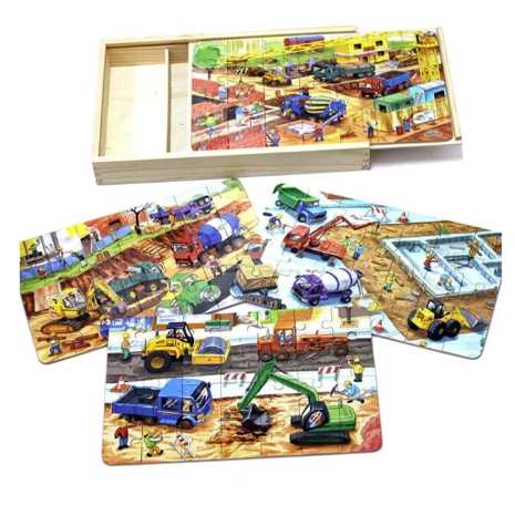 Jucarie Puzzle 4 in 1 Vehicule Santier in cutie din lemn