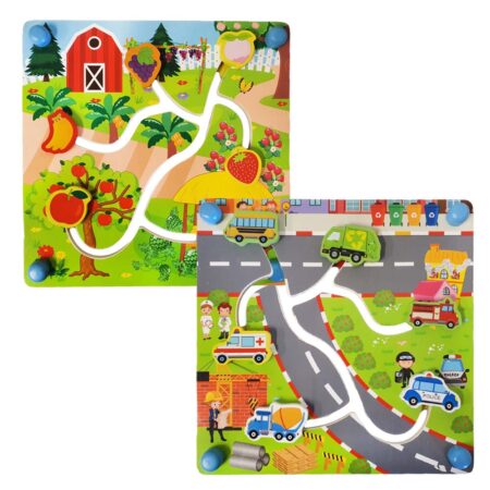 Jucarie Puzzle labirint Fructe-Trafic urban 3D lemn cu 2 fete