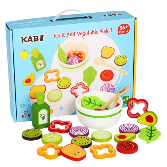 Jucarie Set Salata de fructe-legume feliate cu accesorii lemn