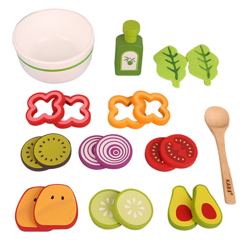 Jucarie Set Salata de fructe-legume feliate cu accesorii lemn