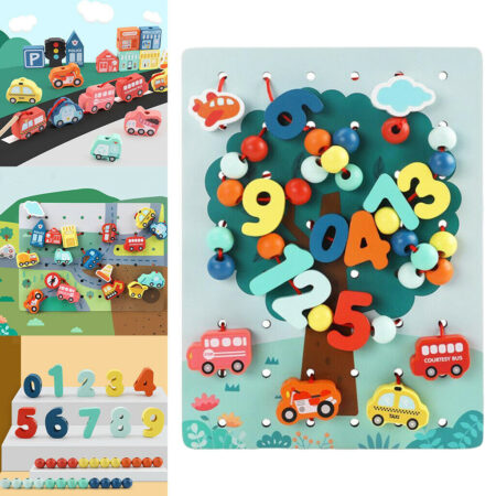 Joc 2 in 1 Copacul de snuruit Puzzle masini si cifre semne lemn