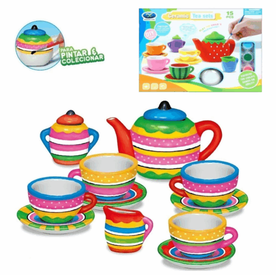 Joc creativ Set Ceai ceramic pentru pictat cu guase 15 piese Joc creativ Set Ceai ceramic pentru pictat cu guase 15 piese