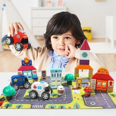 Jucarii cuburi Oraselul cu masini lemn Puzzle traseu Topbright