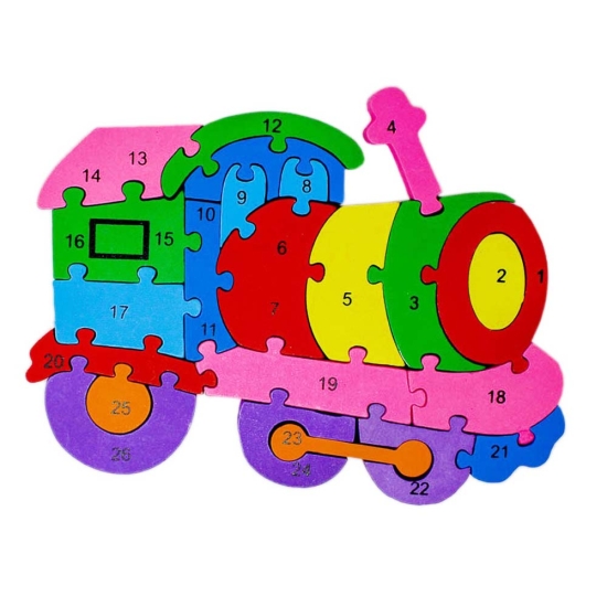 Puzzle Locomotiva cu litere si cifre 3D din lemn colorat