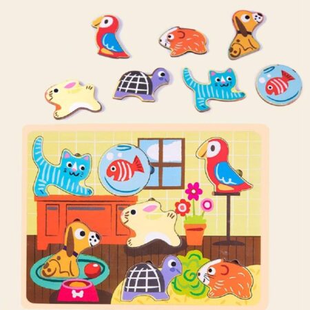 Puzzle incastru lemn Animale de casa cu buton