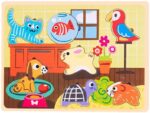 Puzzle incastru lemn Animale de casa cu buton