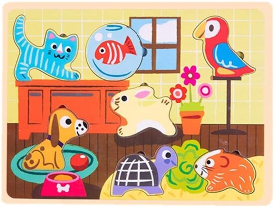 Puzzle incastru lemn Animale de casa cu buton