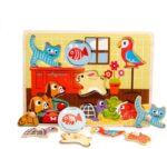 Puzzle incastru lemn Animale de casa cu buton